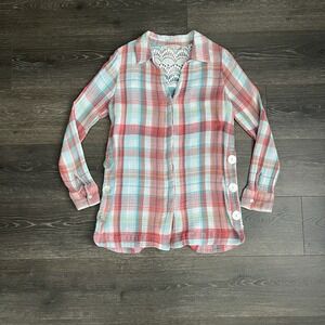 Soft Surroundings Shirt Women Small Plaid Crochet Button Up Muslin Boho Coquette